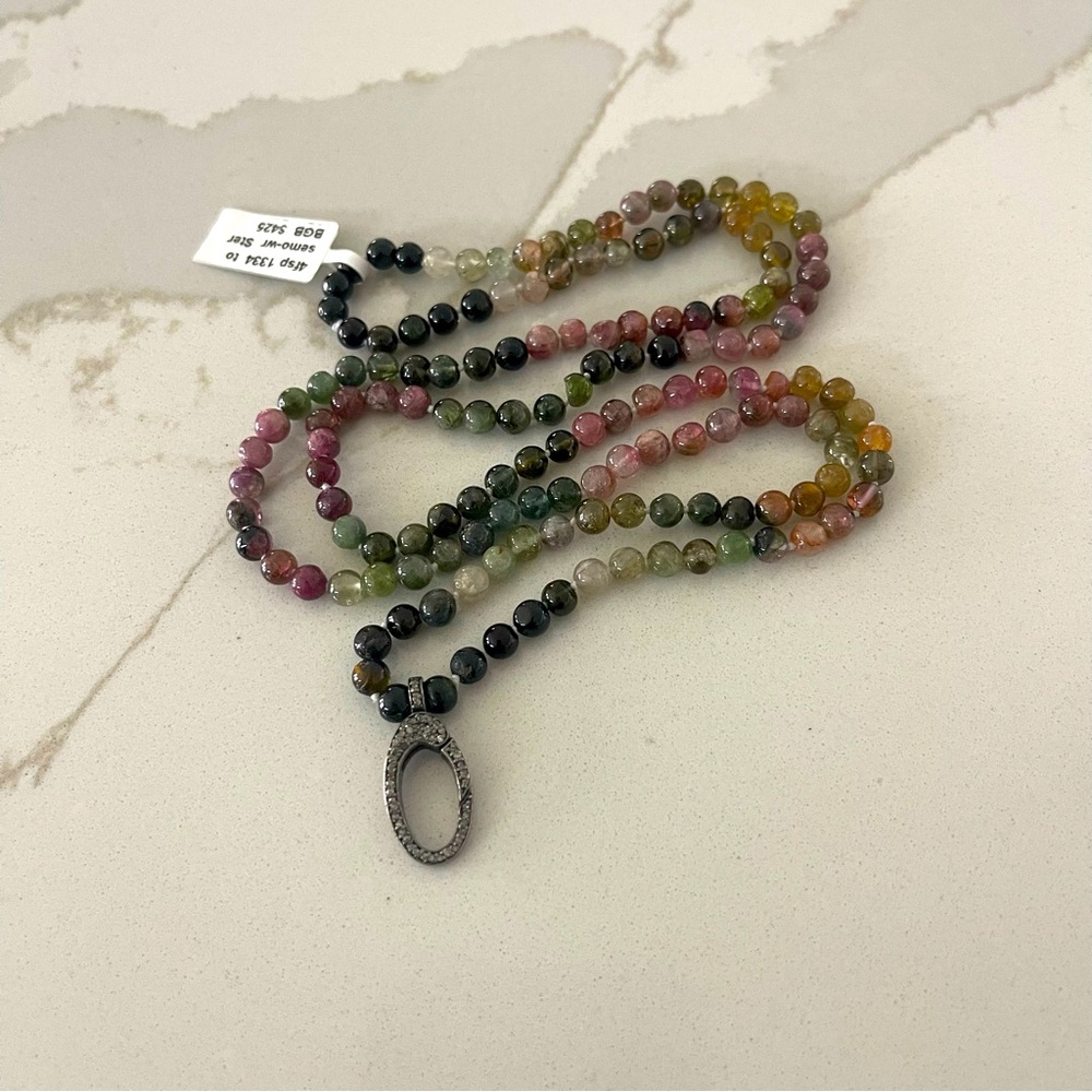 One of a kind Tourmaline Multicolor Beaded Necklace with diamond clasp 30” long